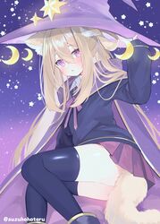  animal_ears black_sweater black_thighhighs blonde_hair cape cat_ears cat_girl cat_tail commentary commission female hat highres indie_virtual_youtuber light_brown_hair long_hair long_sleeves looking_at_viewer miniskirt purple_cape purple_eyes purple_hat purple_skirt shizukiya_kuroa skeb_commission skirt solo starry_background suzuho_hotaru sweater symbol-only_commentary tail thighhighs virtual_youtuber witch_hat zettai_ryouiki 