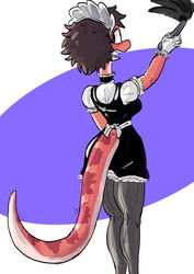  2020 absurd_res amphibia_(series) amphibian anthro bella_(amphibia) cleaning_tool clothing disney feather_duster female hi_res looking_back maid_headdress maid_uniform newt red_body red_skin salamander solo thedarkzircon uniform 