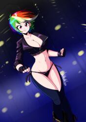  2020 absurdres angel_(kof) angel_(kof)_(cosplay) bikini bikini_bottom_only blonde_hair blue_hair breasts chaps cleavage clenched_hands commentary cosplay cropped_jacket danmakuman dutch_angle english_commentary female fingerless_gloves gloves green_hair groin highres large_breasts multicolored_hair my_little_pony my_little_pony:_equestria_girls my_little_pony:_friendship_is_magic navel orange_hair personification purple_eyes purple_hair rainbow_dash_(mlp) rainbow_hair raised_eyebrow red_hair short_hair signature solo swimsuit the_king_of_fighters 