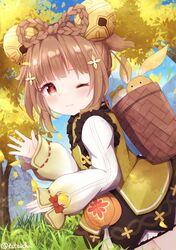  ;) backpack_basket basket bell blunt_bangs braid brown_eyes brown_hair chinese_clothes commentary_request female from_side genshin_impact grass hair_bell hair_ornament highres kneeling long_hair looking_at_viewer looking_to_the_side one_eye_closed outdoors pouch sidelocks smile solo tree tutsucha_illust twin_braids waving yaoyao_(genshin_impact) yuegui_(genshin_impact) 