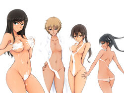  4girls angela_salas_larrazabal areola_slip arms_behind_back ass bikini blonde_hair bodypaint brave_witches breasts brown_eyes brown_hair coat commentary_request completely_nude federica_n._doglio francesca_lucchini from_behind green_eyes groin hair_between_eyes hands_on_own_breasts hands_on_own_hips isosceles_triangle_(xyzxyzxyz) large_breasts long_hair looking_at_viewer loose_necktie medium_hair multiple_girls multiple_wings naked_coat naked_necktie naked_paint navel necktie nude open_clothes paint_on_body ribbon shirt short_hair sidelocks smirk strike_witches strike_witches:_kurenai_no_majo-tachi swimsuit tan thighs twintails untied_bikini waltrud_krupinski white_background white_bikini white_necktie white_paint white_ribbon white_shirt wings world_witches_series 