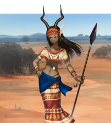  african_clothes black_eyes black_hair bracelet breasts capelet closed_mouth dark-skinned_female dark_skin female gazelle_horns hand_on_own_hip holding holding_polearm holding_weapon horns jewelry long_hair long_horns long_skirt mullmull02 navel necklace original outdoors polearm sarong savannah skirt solo spear standing underboob weapon wristband 