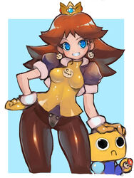  blue_background blue_eyes blush breasts brown_hair cosplay cropped_jacket crossover crotch_plate crown dakusuta earrings female gloves green_eyes grin hand_on_another&#039;s_head hand_on_own_hip highres jewelry long_hair looking_at_viewer mario_(series) mega_man_(series) mega_man_legends_(series) pantyhose princess_daisy robot servbot_(mega_man) smile tron_bonne_(mega_man) tron_bonne_(mega_man)_(cosplay) 