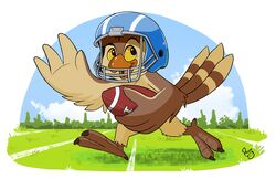  2021 3_toes anthro avian avian_feet ball barefoot beak biped bird blue_helmet blue_sky border brown_body brown_feathers claws day detailed_background digital_media_(artwork) feather_hands feathers feet football_field football_helmet football_player grass gridiron_ball holding_object looking_up male mostly_nude open_mouth open_smile orange_beak outside owl pandapaco plant running signature simple_background sky smile solo striped_tail_feathers tail tail_feathers toe_claws toes tongue tree unknown_character white_background white_border wings yellow_sclera 