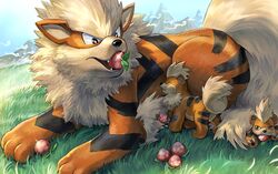  arcanine berry_(pokemon) black_eyes commentary day grass growlithe level-00 mountainous_horizon no_humans one_eye_closed outdoors pecha_berry pokemon pokemon_(creature) 