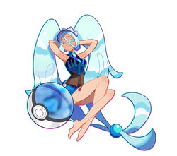  aqua_eyes aqua_hair arms_up barefoot black_leotard blue_shorts breasts commentary_request crossed_legs female full_body hair_between_eyes hat hatsune_miku highres indai_(3330425) leotard long_hair looking_at_viewer medium_breasts poke_ball pokemon project_voltage shorts simple_background solo tan twintails very_long_hair vocaloid water_miku_(project_voltage) white_background 