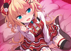  akai_haato akai_haato_(gothic_lolita) aqua_eyes black_thighhighs blonde_hair blush bow breasts brooch collared_shirt dress dress_shirt female gothic_lolita hairbow highres hololive jewelry lolita_fashion long_hair long_sleeves looking_at_viewer marugoshi_(54burger) medium_breasts official_alternate_hairstyle on_bed open_mouth pillow red_dress shirt sitting solo thighhighs two_side_up very_long_hair virtual_youtuber wariza white_shirt 