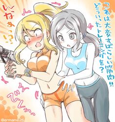  2girls ass_grab bare_shoulders blonde_hair blue_tank_top blush breasts cleavage collarbone colored_skin commentary crop_top eromame grey_eyes grey_hair gun hair_between_eyes handgun hands_on_another&#039;s_hips high_ponytail holding holding_gun holding_weapon low_ponytail medium_breasts metroid midriff mole mole_under_mouth multiple_girls muscle_awe navel paralyzer ponytail samus_aran short_shorts shorts super_smash_bros. tank_top thigh_gap translated v-shaped_eyebrows weapon white_skin wii_fit wii_fit_trainer wii_fit_trainer_(female) yuri zero_suit 