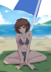  absurdres ankle_grab bad_id bad_pixiv_id beach beach_towel beach_umbrella bikini blue_sky breasts brown_eyes brown_hair checkered_bikini checkered_clothes cleavage cloud commentary_request commission day female green_towel halterneck highres indian_style isosceles_triangle_(xyzxyzxyz) large_breasts looking_at_viewer medium_hair navel ocean original outdoors sand sitting sky solo swimsuit towel umbrella v_arms water 