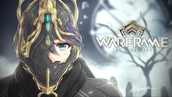  armor blue_eyes broken_armor broken_helmet commentary english_commentary excalibur_(warframe) excalibur_umbra_(warframe) female genderswap_(mtf) gold_trim hair_between_eyes helmet humanization looking_at_viewer power_suit purple_eyes rule_63 scarf signature solo warframe zxpfer 