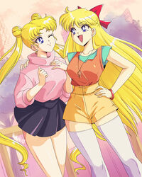  2girls absurdres aino_minako arm_around_neck bishoujo_senshi_sailor_moon blue_eyes bow bracelet breasts commentary danmakuman double_bun earrings english_commentary hair_bun hairbow hand_on_own_hip high-waist_shorts highres jewelry long_hair medium_breasts miniskirt multiple_girls necklace one_eye_closed open_mouth pendant short_shorts shorts skirt smile stud_earrings sweater thighhighs tree tsukino_usagi turtleneck turtleneck_sweater twintails venus_symbol very_long_hair 