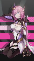  absurdres black_footwear black_shorts blue_eyes boots breasts cleavage cleavage_cutout closed_mouth clothing_cutout elf elysia_(honkai_impact) elysia_(miss_pink_elf)_(honkai_impact) female full_body hair_ornament highres honkai_(series) honkai_impact_3rd long_hair long_sleeves looking_at_viewer ooo_wange pink_hair pointy_ears ponytail shorts smile solo thigh_boots 