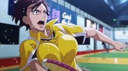  animated aragaki_nagisa badminton bouncing_breasts breasts brown_hair female hanebado! legs mole mole_under_mouth muscle muscular_female racket red_eyes shirt short_hair spiky_hair sweat tomboy 