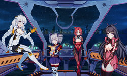  4girls :d arms_under_breasts black_hair black_legwear blue_eyes blush bodysuit boots bow braid breast_hold breasts bronya_zaychik bronya_zaychik_(valkyrie_chariot) brown_eyes building cityscape cleavage cleavage_cutout closed_mouth clothing_cutout commentary crossed_arms drill_hair elbow_gloves gloves grey_eyes grey_hair hair_between_eyes hairbow high_heel_boots high_heels highres homu_(honkai_impact) honkai_(series) honkai_impact_3rd hugging_object interior kiana_kaslana kiana_kaslana_(white_comet) leotard long_hair low_twintails medium_breasts mole mole_on_breast multiple_girls murata_himeko murata_himeko_(scarlet_fusion) night night_sky open_mouth pleated_skirt puffy_short_sleeves puffy_sleeves purple_bow purple_eyes purple_shirt purple_skirt qunqing raiden_mei raiden_mei_(crimson_impulse) red_bodysuit red_hair red_legwear red_leotard round_teeth shirt short_sleeves sitting skirt sky skyscraper smile standing star_(sky) star_(symbol) starry_sky stuffed_animal stuffed_toy teeth thigh_boots thighhighs thighhighs_under_boots twin_braids twin_drills twintails upper_teeth_only very_long_hair water white_bodysuit white_footwear white_hair white_legwear 