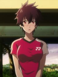  aragaki_nagisa blush breasts brown_hair female hanebado! large_breasts mole mole_under_mouth red_eyes shirt short_hair spiky_hair tomboy 