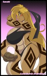  2019 abs accessory anthro belly_scales big_breasts bikini black_bikini black_body black_clothing black_markings black_scales black_swimwear black_tail blonde_eyebrows blonde_hair blush breasts brown_body brown_face brown_markings brown_scales brown_skin brown_tail character_name clasped_hands clothed clothing countershade_torso countershading dark_clothing dark_markings dark_swimwear diamondback_rattlesnake eyebrow_through_hair eyebrows female hair hands_together headband hi_res huge_breasts iris light_eyebrows light_eyes light_hair long_hair markings mastergodai monotone_bikini monotone_breasts monotone_clothing monotone_face monotone_hair monotone_swimwear multi_tone_tail multicolored_body multicolored_scales multicolored_tail non-mammal_breasts pinup pit_viper pose pupils rattle_(anatomy) rattlesnake reptile sanaki_koga scales scalie simple_background smile snake solo swimwear tail tan_body tan_breasts tan_countershading tan_scales tan_tail translucent translucent_hair viper yellow_eyes yellow_pupils 