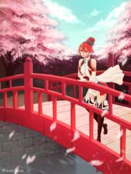  absurdres against_railing artist_name boots bridge brown_eyes closed_mouth commentary cosplay day double_bun elbow_gloves english_commentary female fire_emblem fire_emblem_fates fire_emblem_heroes gloves hair_between_eyes hair_bun highres hinoka_(fire_emblem) hinoka_(fire_emblem)_(cosplay) kana_(female)_(fire_emblem) kana_(fire_emblem) outdoors petals railing red_footwear red_hair red_thighhighs rspbluna scarf smile solo standing thigh_boots thighhighs tree twitter_username water watermark white_gloves white_scarf 