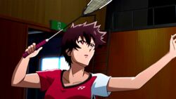  1boy animated aragaki_nagisa badminton bouncing_breasts breasts brown_hair female fishnets hanebado! large_breasts mole mole_under_mouth racket red_eyes shirt short_hair spiky_hair tomboy 