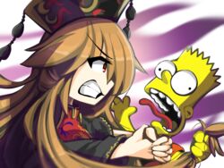  1boy angry asphyxiation bart_simpson black_dress black_hat blonde_hair chinese_clothes clenched_teeth colored_skin commentary crossover dress english_commentary female hands_on_another&#039;s_neck hat hat_ornament headdress holding_another&#039;s_hair junko_(touhou) kaliningradg long_hair open_mouth orange_shirt parody red_eyes shirt simple_background spiked_hair strangling tassel teeth the_simpsons tongue tongue_out toon_(style) touhou wavy_hair yellow_skin 