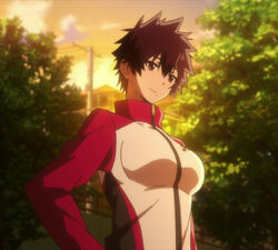  aragaki_nagisa breasts brown_hair female hands_on_hips hanebado! house large_breasts mole mole_under_mouth red_eyes short_hair smile spiky_hair tomboy vest 