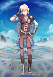  1boy aoi_(xxxaoi) armor artist_name belt boots cloud commentary_request copyright_name fingerless_gloves fire_emblem fire_emblem_echoes:_shadows_of_valentia fire_emblem_heroes gloves highres kliff_(fire_emblem) male_focus pauldrons pink_eyes shoulder_armor sky solo white_hair 