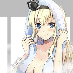  blonde_hair blue_eyes braid breasts commentary_request crown female hairband half_up_braid highres kantai_collection large_breasts long_hair mini_crown nude solo the-sinner towel towel_around_neck towel_on_head warspite_(kancolle) 