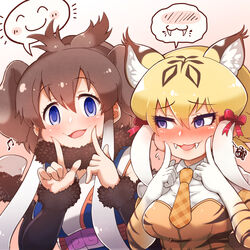  2girls animal_ears animal_print blonde_hair blue_eyes blush bow brown_hair cat_girl cheek_poking collared_shirt commentary corset detached_sleeves elbow_gloves embarrassed empty_eyes extra_ears fangs fangs_out fingersmile flying_sweatdrops fur-trimmed_sleeves fur_scarf fur_trim furrowed_brow gloves hair_between_eyes hairbow hands_on_own_cheeks hands_on_own_face hands_up index_finger_raised kemono_friends looking_at_another looking_at_viewer looking_to_the_side mammoth_(kemono_friends) multicolored_hair multiple_girls musical_note necktie nose_blush open_mouth plaid_neckwear poking print_corset print_gloves purple_eyes scarf shirt short_hair short_hair_with_long_locks side-by-side sidelocks smile smilodon_(kemono_friends) speech_bubble spoken_blush spoken_expression squiggle striped_clothes striped_gloves tail tanaka_kusao tiger_print upper_body white_hair wing_collar 