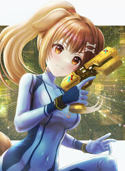  absurdres alternate_hairstyle animal_ears bad_id bad_pixiv_id blue_bodysuit blush bodysuit bone_hair_ornament breasts brown_eyes brown_hair cartoon_bone closed_mouth cosplay covered_navel dog_ears dog_girl dog_tail female gun hair_ornament handgun high_ponytail highres holding holding_gun holding_weapon hololive inugami_korone long_hair looking_at_viewer md5_mismatch medium_breasts metroid metroid_dread paralyzer ponytail resolution_mismatch revision samus_aran samus_aran_(cosplay) solo source_smaller tail v-shaped_eyebrows very_long_hair virtual_youtuber wajuniorbox weapon zero_suit 