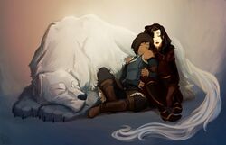  2girls arm_hug arm_warmers asami_sato avatar_legends axrynic bare_shoulders black_hair black_pants blue_shirt boots breasts brown_footwear brown_gloves brown_hair canine closed_eyes closed_mouth couple dark-skinned_female dark_skin fur-trimmed_skirt fur_trim gloves jacket korra leaning_on_person light_smile lipstick long_hair makeup multiple_girls naga_(avatar) overskirt pants parted_lips shirt short_hair sitting skirt sleeping sleeping_on_person sleeveless sleeveless_shirt small_breasts swept_bangs tail the_legend_of_korra yuri 