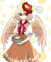  ... :| animal_on_head bird bird_on_head bird_tail bird_wings blonde_hair bowl chick closed_mouth commentary_request dress egg feathered_wings female highres holding holding_bowl instant_ramen light_blush looking_at_viewer multicolored_hair neckerchief nissin_chicken_ramen niwatari_kutaka on_head orange_dress red_eyes red_hair red_neckerchief shirt short_hair solo spoken_ellipsis tail touhou two-tone_hair white_shirt wings yellow_wings zabuton_(mgdw5574) 