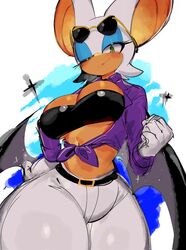  belt black_tube_top blue_eyeshadow blush breasts closed_mouth cowboy_shot crop_top eyeshadow eyewear_on_head female furry furry_female gloves green_eyes highres looking_at_viewer makeup midriff navel one_eye_closed pants rouge_the_bat solo sonic_(series) standing strapless sunglasses the_murder_of_sonic_the_hedgehog thick_thighs thighs tube_top usa37107692 white_gloves white_pants wide_hips 