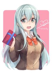  2021 blouse blush box brown_jacket buttons female gift gift_box green_eyes green_hair hair_between_eyes highres holding holding_gift jacket kantai_collection long_hair long_sleeves minosu neck_ribbon open_mouth red_ribbon ribbon school_uniform shirt smile solo suzuya_(kancolle) suzuya_kai_ni_(kancolle) upper_body valentine white_shirt 