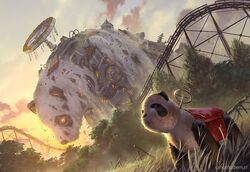  amusement_park artist_name cloud commentary_request dutch_angle grass kiddie_ride mecha no_humans nurikabe_(mictlan-tecuhtli) original outdoors panda robot roller_coaster scenery science_fiction sky tree 