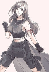  ancotsubu apron arm_ribbon asymmetrical_bangs black_apron black_gloves black_hair black_shirt black_shorts black_skirt breasts brown_eyes crop_top earrings female final_fantasy final_fantasy_vii final_fantasy_vii_advent_children gloves jewelry large_breasts long_hair midriff navel pink_background protected_link ribbon shirt shorts skirt smile solo thigh_strap tifa_lockhart upper_body 