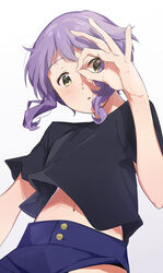  absurdres black_shirt blue_shorts blush female from_below gradient_background hand_up highres idolmaster idolmaster_million_live! idolmaster_million_live!_theater_days katsu_(kana) looking_at_viewer makabe_mizuki midriff_peek navel ok_sign parted_lips purple_hair shirt short_hair short_sleeves shorts sidelocks solo standing upper_body wavy_hair white_background yellow_eyes 