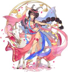  animal_ears ark_order armpits black_hair bra bracelet breasts cleavage dancer dancing female goat_(ark_order) goat_ears goat_girl goat_horns goat_tail gold gold_necklace hair_ornament harem_outfit hatoyama_itsuru horns jewelry large_breasts leaf leg_ribbon long_hair looking_at_viewer low-tied_long_hair multi-tied_hair multiple_rings nail_polish necklace no_shoes official_art pelvic_curtain pink_bra pink_nails pink_skirt red_eyes ribbon ring sidelocks skirt solo tachi-e thigh_ribbon toenail_polish toenails transparent_background underwear variant_set very_long_hair 