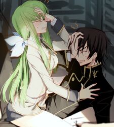  1boy ashford_academy_school_uniform bare_legs black_jacket breasts brown_hair c.c. clenched_teeth closed_eyes code_geass commentary couple creayus female from_side green_hair grimace hair_between_eyes hair_ribbon hand_on_another&#039;s_chest hand_on_own_face hand_on_own_head high_collar jacket lelouch_vi_britannia long_hair long_sleeves low_ponytail medium_breasts necktie ribbon school_uniform short_hair sidelocks sitting sitting_on_lap sitting_on_person storage_room straight sweatdrop tears teeth uniform upper_body white_jacket 