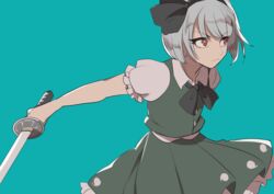  aqua_background black_bow black_hairband bow bow_hairband commentary_request female frown ghost_print green_shirt green_skirt grey_hair hairband hairbow holding holding_weapon katana kerok_(joniko1110) konpaku_youmu looking_to_the_side outstretched_arm puffy_short_sleeves puffy_sleeves red_eyes scowl shirt short_sleeves simple_background skirt solo sword touhou upper_body weapon 