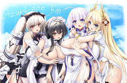  4girls absurdly_long_hair absurdres artist_name azur_lane bad_id bad_pixiv_id black_hair black_neckerchief black_sailor_collar black_skirt blonde_hair blue_eyes breasts center_opening china_dress chinese_clothes choker cleavage cleavage_cutout clothing_cutout commentary_request copyright_name cowboy_shot cutout_above_navel dress dress_flower feather_dress folding_fan formidable_(azur_lane) formidable_(timeless_classics)_(azur_lane) frilled_choker frills garter_straps gold_trim green_eyes hand_fan highres holding holding_fan hug hug_from_behind huge_breasts illustrious_(azur_lane) illustrious_(maiden_lily&#039;s_radiance)_(azur_lane) indomitable_(azur_lane) indomitable_(ms._motivationless_maid)_(azur_lane) laurel_crown leaning_on_person long_hair looking_at_viewer maid_headdress miniskirt multiple_girls navel_cutout neckerchief official_alternate_costume open_mouth pantyhose pelvic_curtain pleated_skirt raranokusu red_eyes sailor_collar short_sleeves skirt sleeveless sleeveless_dress stomach_cutout thighhighs twintails two-tone_dress two-tone_ribbon veil very_long_hair victorious_(azur_lane) victorious_(guidance_of_the_spring_goddess)_(azur_lane) white_dress white_garter_straps white_hair white_pantyhose white_thighhighs 