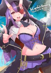  artist_name ascot belt black_ascot black_belt black_coat black_hat breasts captain_hannah character_name cleavage coat collarbone commentary compass english_commentary eyepatch female fingernails goten_(510gensoku) hat heart heart_eyepatch highres horn_ornament horn_ring horns indie_virtual_youtuber large_breasts long_hair long_sleeves looking_at_viewer midriff multicolored_hair navel oni_horns open_clothes open_coat open_mouth pantyhose pirate pirate_hat pointing pointing_at_viewer pointy_ears purple_hair purple_skirt red_eyes second-party_source shrug_(clothing) sidelocks skirt solo teeth thank_you tricorne virtual_youtuber 