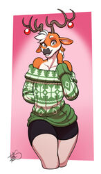  2021 alternate_form alternate_species anthro antlers athletic_wear bottomwear chest_tuft christmas christmas_clothing christmas_decorations christmas_ornament christmas_sweater christmas_topwear clothed clothing deer dialogue dialogue_box english_text freckles_(artist) fur gym_bottomwear gym_shorts hair holidays horn male mammal new_world_deer open_clothing open_topwear orange_body orange_fur pecas_(freckles) reindeer shorts smile solo sweater text topwear tuft white_body white_fur white_hair wide_eyed 