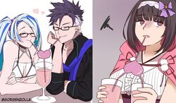  1boy 2girls bikini black_hair blank_eyes blue_hair blue_scarf breasts brown_background brown_hair brynhildr_(fate) brynhildr_(swimsuit_berserker)_(fate) brynhildr_(swimsuit_berserker)_(first_ascension)_(fate) choker cloak closed_eyes commentary couple cup drink drinking drinking_straw english_commentary fate/grand_order fate_(series) glass glasses gorgenzolla gradient_background hair_ribbon hairband heart highres holding holding_cup jitome multicolored_hair multiple_girls open_mouth osakabehime_(fate) pink_cloak purple_ribbon purple_scrunchie ribbon scarf scrunchie semi-rimless_eyewear side_ponytail sigurd_(fate) sigurd_(memories_with_my_lover)_(fate) simple_background smile squiggle straight swimsuit twitter_username two-tone_hair white_background white_bikini white_hair 