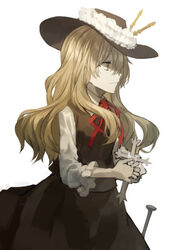  blonde_hair brown_hat brown_skirt brown_vest commentary_request cowboy_shot cross female frilled_hat frills hat hat_feather highres holding holding_cross jacket_girl_(dipp) long_hair neck_ribbon otoshiro_kosame red_ribbon ribbon simple_background skirt solo stake touhou vest wavy_hair white_background white_vest yellow_eyes 