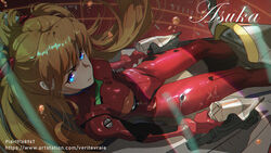  absurdres artstation_username ass_visible_through_thighs blue_eyes bodysuit boyu_yang breasts brown_hair bubble character_name closed_mouth cockpit commentary english_commentary entry_plug female headgear highres indoors interface_headset long_hair looking_at_viewer medium_breasts neon_genesis_evangelion pilot_suit piloting pixiv_id plugsuit red_bodysuit science_fiction solo souryuu_asuka_langley v-shaped_eyebrows watermark web_address 