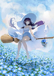  absurdres bare_arms bare_legs barefoot blue_eyes blue_flower broom broom_riding cloud commentary dress female field floating_hair flower flower_field full_body hat highres long_hair looking_away multiple_moons nekoyama_iori nemophila_(flower) original outdoors purple_hair skull sky sleeveless sleeveless_dress solo strap_slip symbol-only_commentary very_long_hair white_dress white_hat witch_hat 