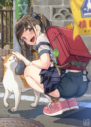  accidental_exposure amulet ass backpack bag blurry blurry_foreground blush brown_eyes brown_hair buruma clothes_lift commentary_request feline female gym_shirt gym_uniform hair_ornament headpat highres long_hair looking_at_viewer looking_back omamori open_mouth orange_cat original pairan panties panties_under_buruma panty_peek petting pink_footwear pleated_skirt randoseru shirt shoes short_sleeves skirt skirt_lift sneakers socks solo squatting teeth twintails underwear upper_teeth_only 