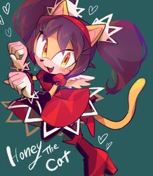  :3 :d black_hair blush cat_girl character_name commentary dress female furry furry_female gloves hairband heart high_heels honey_the_cat misuta710 oerba_yun_fang orange_eyes paw_pose red_dress red_hairband smile solo sonic_(series) sonic_the_fighters sonic_the_hedgehog_(classic) symbol-only_commentary tail twintails white_gloves 