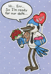  anthro avian awkward bird blue_body blue_feathers blue_jay cartoon_network corvid date feathers hi_res holidays jay_(bird) male mordecai_(regular_show) new_world_jay oscine passerine regular_show romantic shy solo toxstar valentine&#039;s_day valentine&#039;s_day_card 