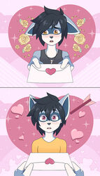  anthro arrow_(weapon) black_hair blue_body blue_fur blush brother_(lore) brother_and_sister_(lore) clothing duo felix_(striped_sins) female flower flustered fur hair heart_symbol holidays imminent_incest incestuous_temptation jewelry keronichi male mammal necklace nervous offering_gift plant procyonid purple_eyes raccoon ranged_weapon romantic romantic_couple rose_(flower) ryder_(striped_sins) shirt shocked sibling_(lore) sister_(lore) striped_sins surprise surprised_expression t-shirt tank_top tooth_necklace topwear valentine&#039;s_day valentine&#039;s_day_card weapon willitfit yellow_eyes 