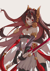  bare_shoulders black_gloves breasts brown_hair china_dress chinese_clothes cleavage closed_mouth colored_inner_hair commentary_request detached_sleeves dress earrings elbow_gloves fake_horns female gloves hair_ornament highres holding holding_sword holding_weapon horns jewelry long_hair lucia:_plume_(eventide_glow)_(punishing:_gray_raven) lucia_(punishing:_gray_raven) multicolored_hair panluo punishing:_gray_raven red_eyes red_hair small_breasts solo sword very_long_hair weapon white_background 